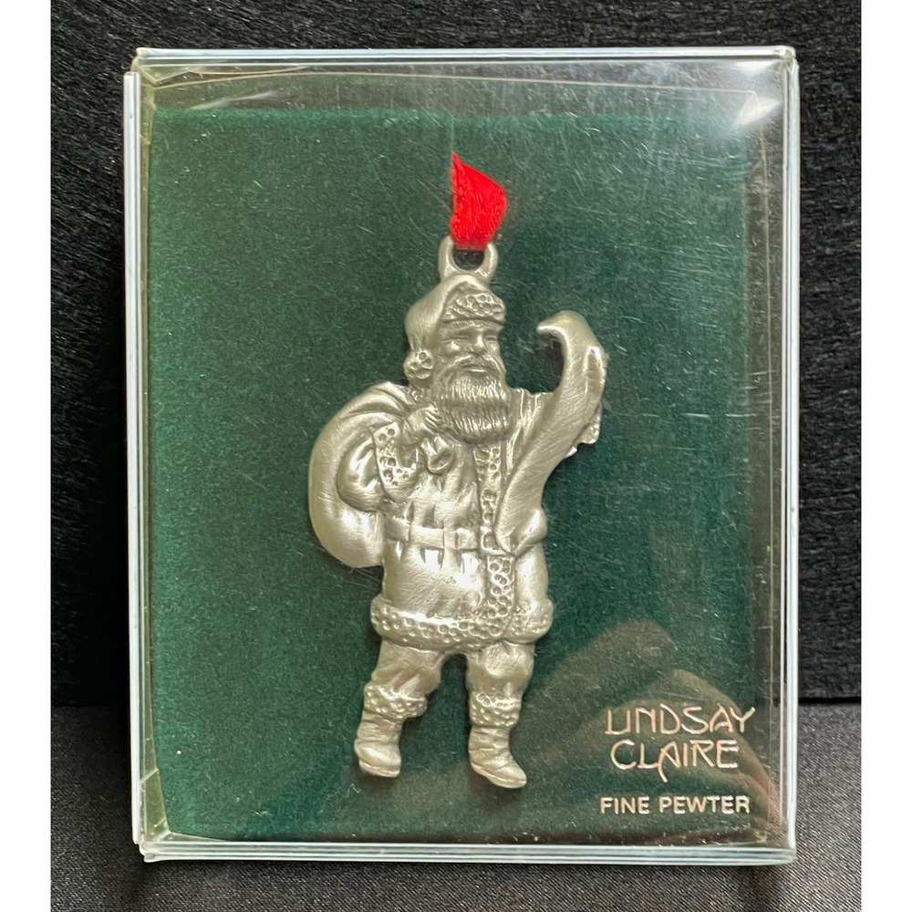 Vintage 1995 Lindsay Claire Pewter Santa  Christmas Ornament in Original Box